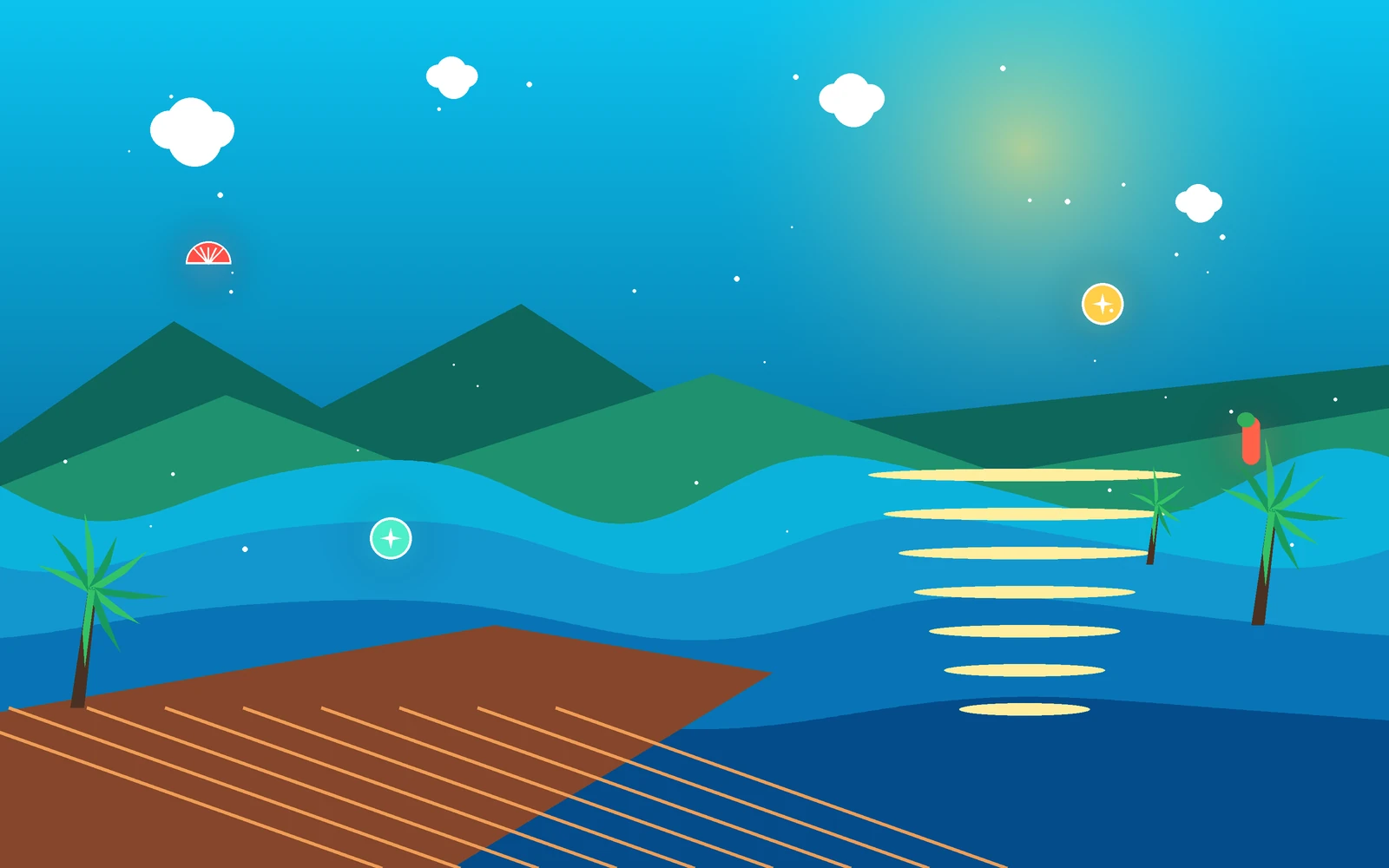 Illustrated tropical lagoon with a boardwalk, ocean waves, islands, and floating arcade tokens