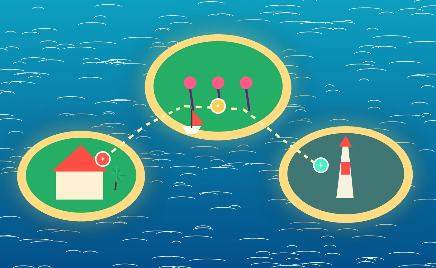 Illustrated ocean mission map connecting a boardwalk island, coral island, and lighthouse island