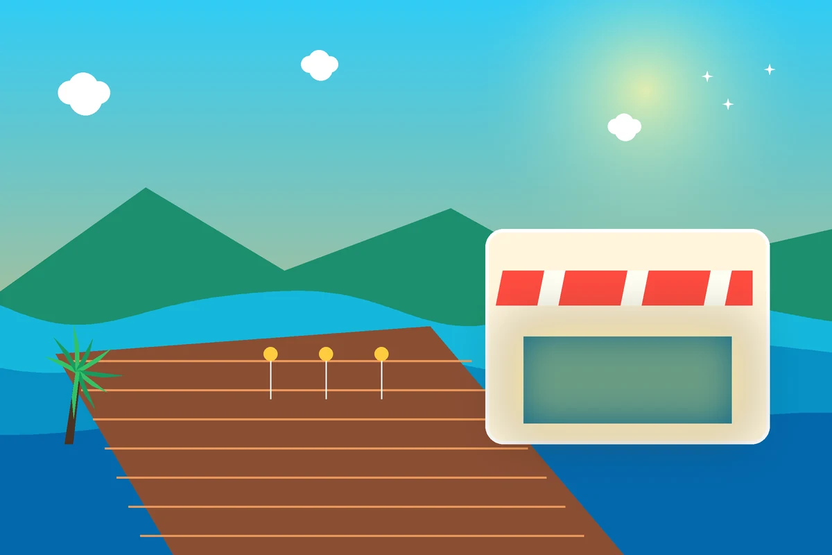 Sunny illustrated boardwalk kitchen beside blue water and green islands