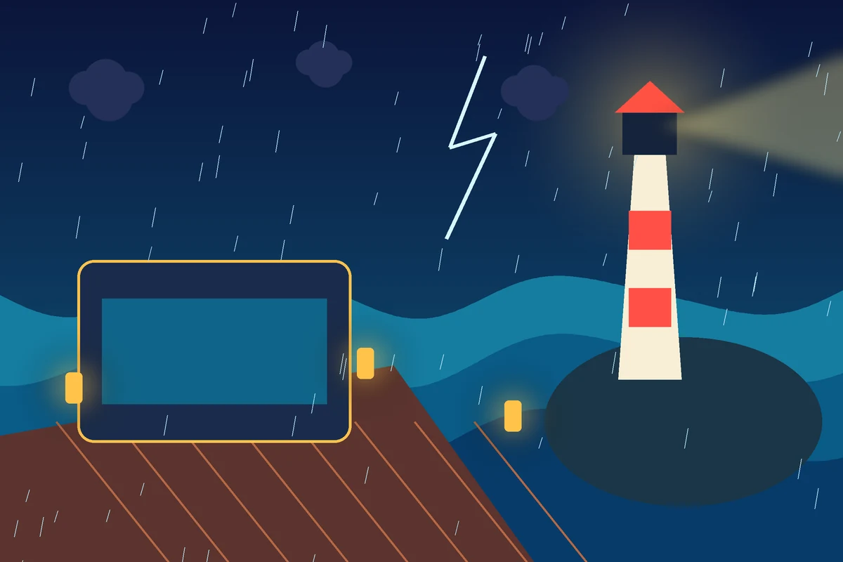 Stormy illustrated pier kitchen with a lighthouse, waves, lanterns, rain, and lightning